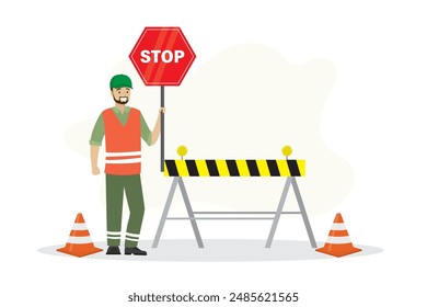 Worker man in uniform holds warning sign, construction area. Way and passage is closed, red sign is stop. Traffic cones and barrier. Repair work on road. Site under construction. vector illustration