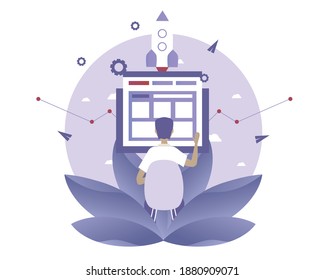  Worker man using computer. Seo. Vector illustration with Website SEO optimization idea for  telework, remote working and freelancing concept
