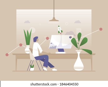 Worker man using computer. Vector illustration with Website SEO optimization idea for  telework, remote working and freelancing concept