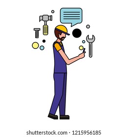 worker man using mobile media icons