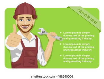 worker man wearing safety hard hat with wrench showing thumbs up in front of green blank board