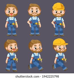 Worker man wearing uniform and helmet equipement tools in pockage incartoon character, isolated flat vector illustration 