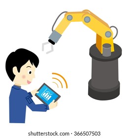 Worker man who is operating the tablet terminal at the factory