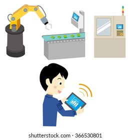 Worker man who is operating the tablet terminal at the factory