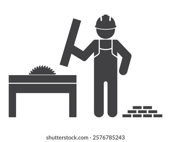 worker man work on circular saw machine with wood plank icon