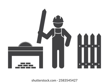 worker man work on circular saw machine make fence wood plank icon