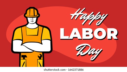 Worker man in yellow construction helmet and inscription Happy Labor Day. 1 may professional labour celebration greeting card design template. Vector illustration for poster