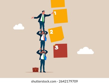Worker manage to prioritize sticky note with number. Businessmen holding each other on their shoulders. Arrange to do list which job to do before and after, set work priority, task management concept.