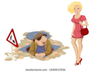 Worker in manhole looks at beautiful girl. Funny people. 