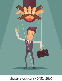 Worker marionette on ropes controlled boss hand. Vector flat illustration