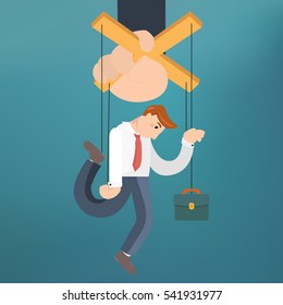 Worker marionette on ropes controlled boss hand. Vector flat illustration