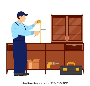 El trabajador mide la distancia en la pared con una medida de cinta. Mobiliario de ensamblaje maestro. Montaje o desmontaje de muebles. Ilustración vectorial en estilo plano sobre fondo blanco.