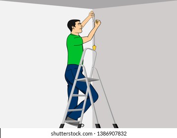 Worker measuring the wall on top of a ladder