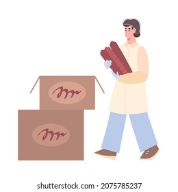 Worker of meat factory for processing from raw beef to ready food carries sausages for packaging in cardboard boxes. Flat vector illustration isolated on white background