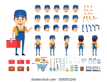 Worker, mechanic, builder creation kit. Create your own pose, action, animation. Various emotions, gestures, design elements. Flat design vector illustration