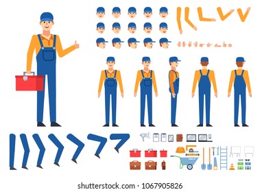 Worker, mechanic, builder in overalls creation kit. Create your own pose, action, animation. Various emotions, gestures, design elements. Flat design vector illustration