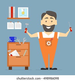 Worker mechanic. Standing. Worker keeps the tools in their hands. The interior of the studio. Vector