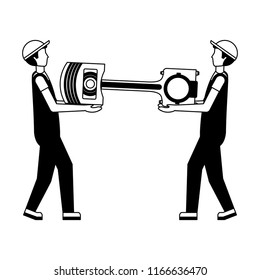 worker mechanics with automotive piston spare part