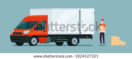 Worker in a medical mask loads boxes in a cargo van. Vector flat style illustration.
