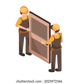 worker men with door isometric and isolated