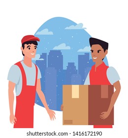 worker men with package fast delivery logistic icon vector ilustrate