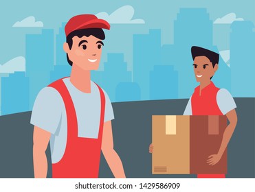 worker men with package fast delivery logistic icon vectorillustrate