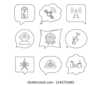 Worker, minerals and engineering helm icons. GPS satellite, electricity station and factory linear signs. Telecommunication, battery icons. Linear Speech bubbles with icons set. Comic chat balloon
