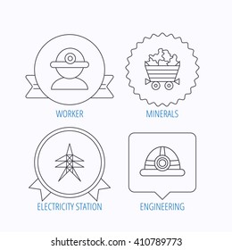 Worker, minerals and engineering helm icons. Electricity station linear sign. Award medal, star label and speech bubble designs. Vector