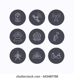 Worker, minerals and engineering helm icons. GPS satellite, electricity station and factory linear signs. Telecommunication, battery icons. Flat icons in circle buttons on white background. Vector