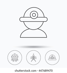 Worker, minerals and engineering helm icons. Electricity station linear sign. Linear icons in circle buttons. Flat web symbols. Vector