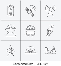 Worker, minerals and engineering helm icons. GPS satellite, electricity station and factory linear signs. Telecommunication, battery icons. Linear icons on white background. Vector