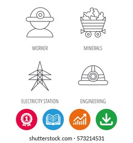 Worker, minerals and engineering helm icons. Electricity station linear sign. Award medal, growth chart and opened book web icons. Download arrow. Vector