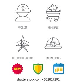 Worker, minerals and engineering helm icons. Electricity station linear sign. Shield protection, calendar and new tag web icons. Vector