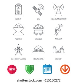 Worker, minerals and engineering helm icons. GPS satellite, electricity station and factory linear signs. Telecommunication, battery icons. New tag, shield and calendar web icons. Download arrow