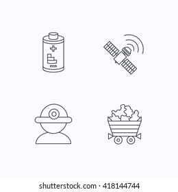 Worker, minerals and GPS satellite icons. Battery linear sign. Flat linear icons on white background. Vector