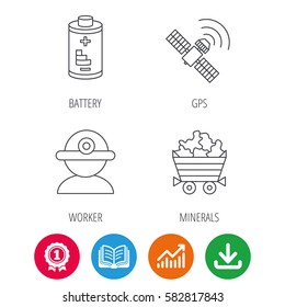 Worker, minerals and GPS satellite icons. Battery linear sign. Award medal, growth chart and opened book web icons. Download arrow. Vector