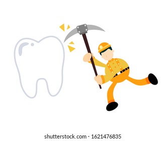worker and mining tooth dental care cartoon doodle flat design style vector illustration