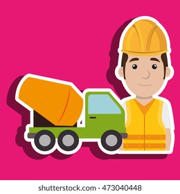 worker mixer cement machinery vector illustration design