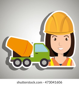 worker mixer cement machinery vector illustration design