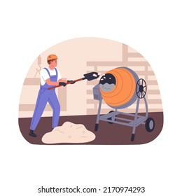 Worker Mixing Cement, Sand In Concrete Mixer Machine For Building, Construction. Builders Work. Constructor Working With Professional Equipment. Flat Vector Illustration Isolated On White Background