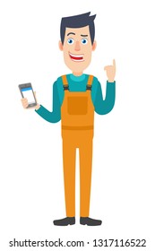 Worker with mobile phone and pointing up. Full length portrait of Cartoon Repairman Character. Vector illustration in a flat style.