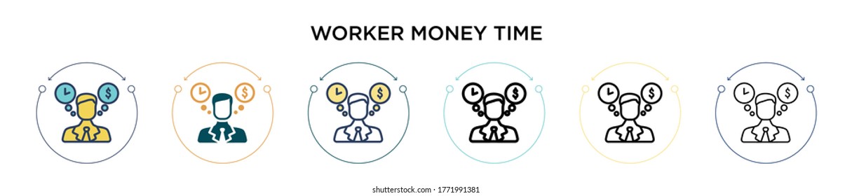 Worker money time icon in filled, thin line, outline and stroke style. Vector illustration of two colored and black worker money time vector icons designs can be used for mobile, ui, web