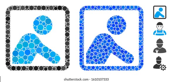 Worker mosaic of circle elements in different sizes and color tints, based on worker icon. Vector circle elements are composed into blue mosaic. Dotted worker icon in usual and blue versions.