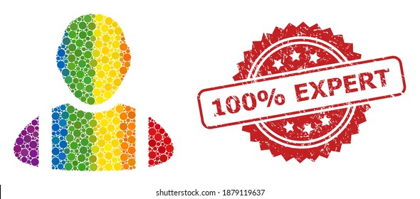 Worker mosaic icon of circle spots in various sizes and LGBT colored color tints, and 100 percent Expert dirty rosette stamp seal. A dotted LGBT-colored Worker for lesbians, gays, transgenders,