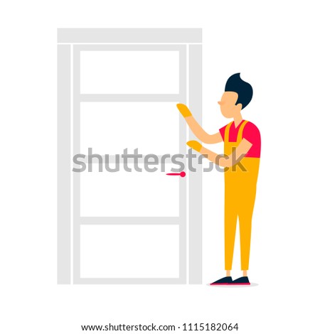 Worker mounts the door, installation, construction, repair. Flat style vector illustration