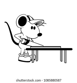 Worker mouse cutting wood with saw on black and white