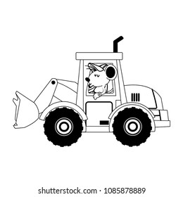 worker mouse driving backhoe on black and white