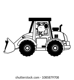 worker mouse driving backhoe on black and white