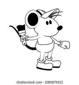 Worker mouse with paint brush on black and white