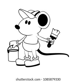 Worker mouse with paint brush on black and white